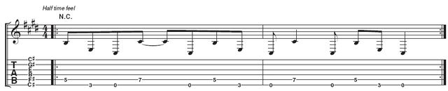 Riff 2: This is essentially the same riff with a longer C# at the end of bar 2. This helps it fit nicely into a 4/4 groove.